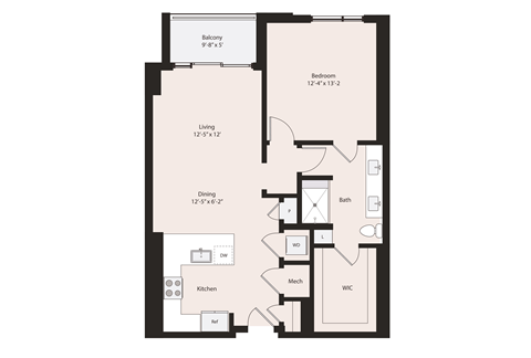 Deco A2-5 floor plan 1 bedroom 1 bathroom 907 square feet